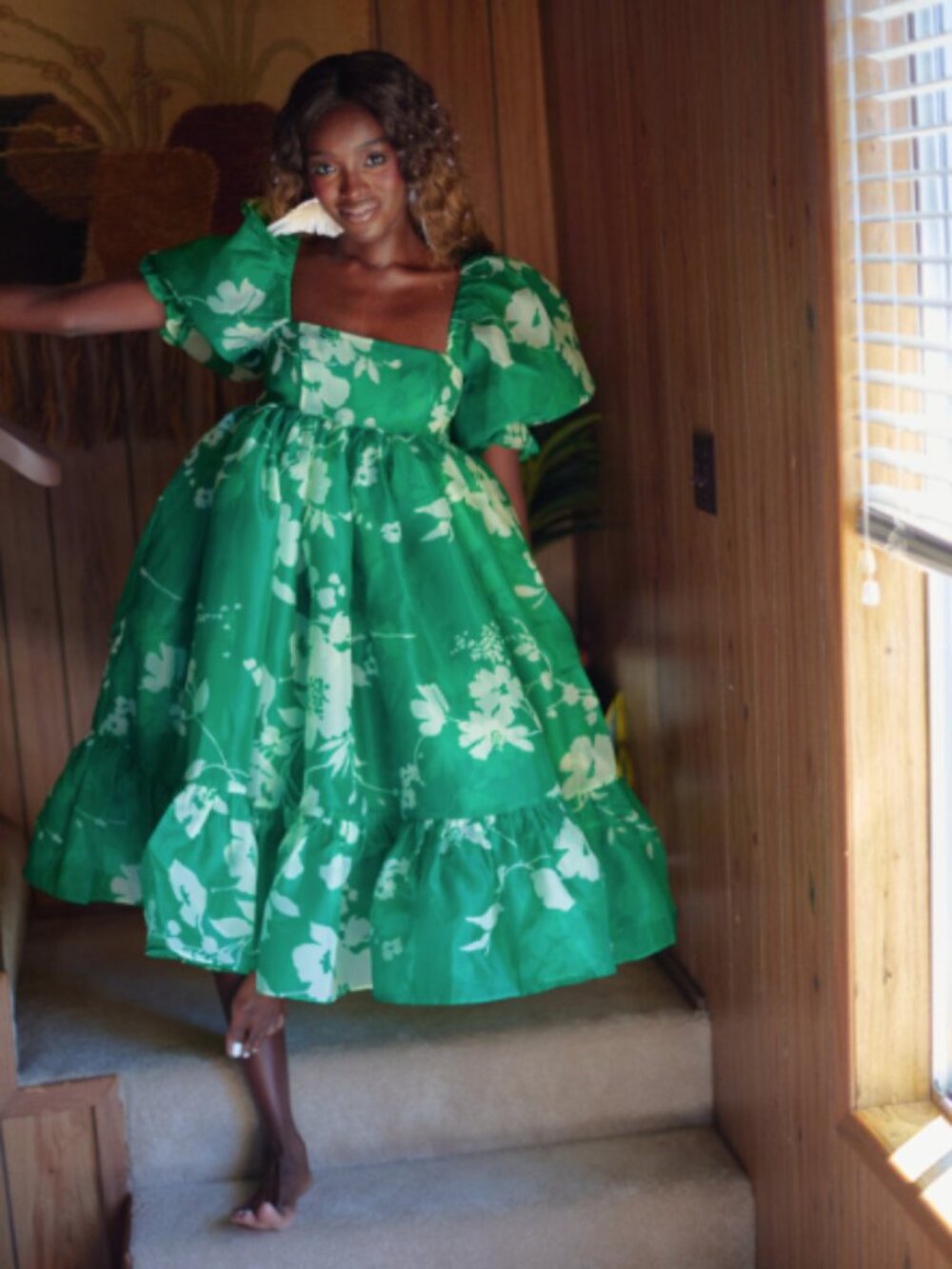 SELKIE Green Floral French Puff Dress